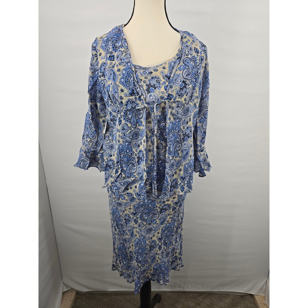 Motherhood Maternity Paisley Dress and Cardigan‎ Set Blue Tan Small 2 Piece